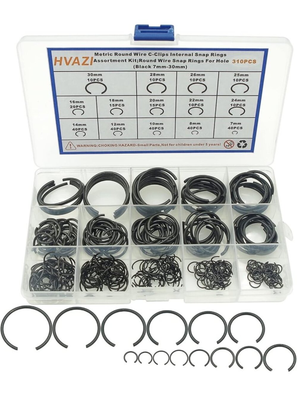 310PCS Round Wire Snap Rings Assortment Kit - 14 Sizes C-Clips for DIY Projects